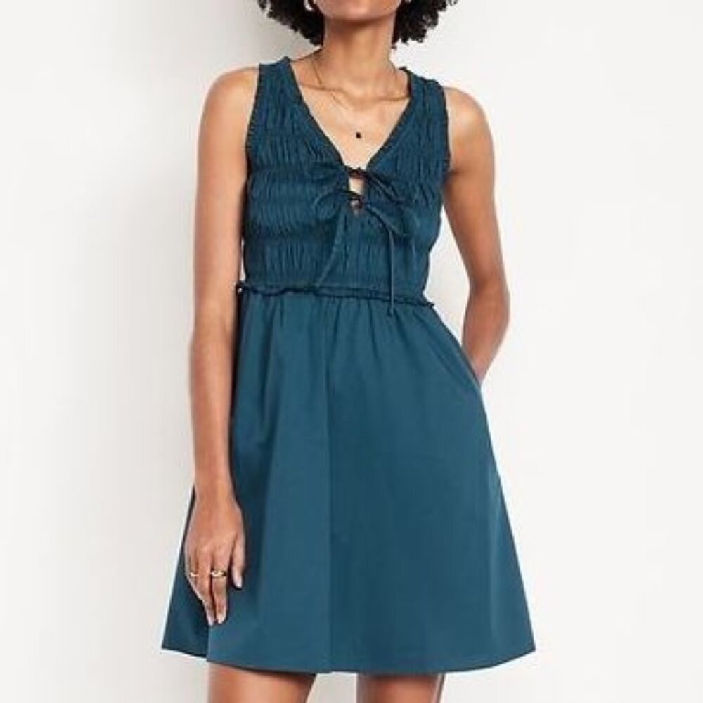 NWOT, SZ Petite Large, 100% COTTON, Smocked Bodice Mini Dress, Teal Blue Green